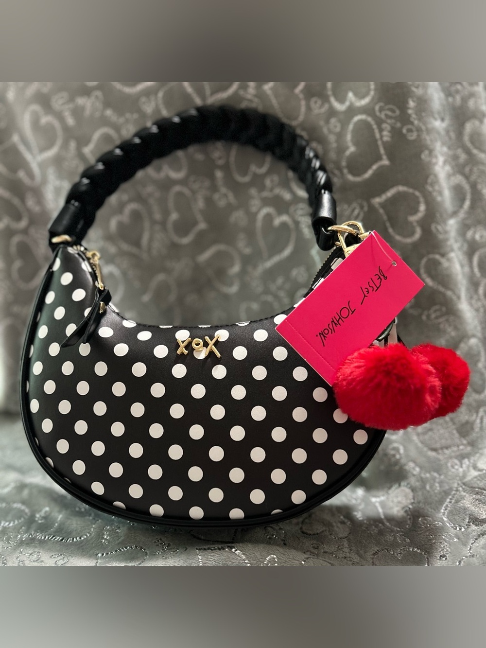 NWT Betsey Johnson, Small, Black & White, Pokadot Quilted Interior Crescent Bag
